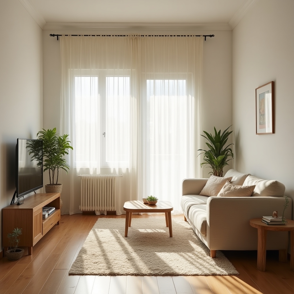 Salón de un piso español decorado de forma sencilla con luz natural entrando por la ventana